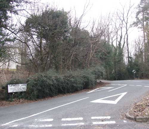 The entrance to Tupwood Scrubbs Road, where the cannabis factory was located