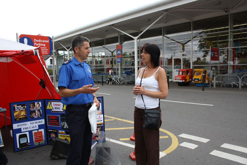 Firefighter Tim Barnes promoting the 'Driven to Destruction' campaign in Caterham recently.  Photograph by Emma Berry.