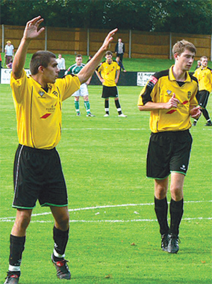 Lee Stripp, left and Alec Brown at the Surrey Cup match Rachel Dale in her salon in against Woking last month.