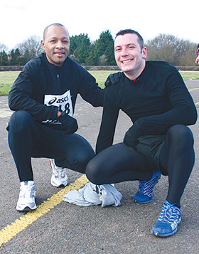 Sponsor of the event, Ross Mutrie (right) and Cedric Crooks after crossing the finishing line.