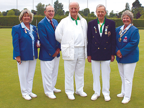 From left: Rosemary Ellman-Brown, Junior Vice-President, Bowls England; Stuart Lake, Senior Vice-President, Bowls England; John Nicholls, Men's Captain, Caterham B.C.; Michael Miller, President Caterham B.C.; Joan Balding, President Bowls England.