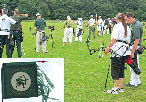 Archers line up to shoot at the Diamond Jubilee tournament at Warlingham Archery Club. Inset: The new club pennant made by Jenny Beal.