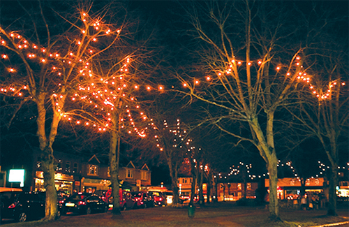 The Christmas lights at Warlingham Green.