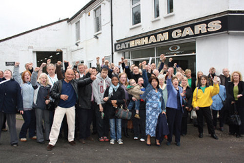 ‘Save Caterham Cars’ protesters outside the Caterham Cars showroom in Station Avenue.