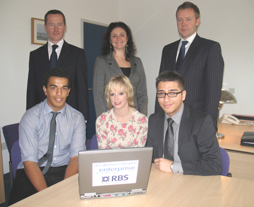 St Catherine’s calls for Enterprising Students! From L- R, back row, Oriel High School Headmaster Philip Stack; Victoria Lawrence of St Catherine’s Hospice and RBS’s Daryl Gayler. Front row, Oriel High School students Mohamad Youssef; Jessica Dawson and Yahia Abu-Hijleh. 